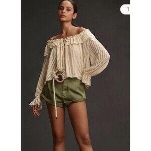 Anthropologie Sheer Ruffle Peasant Blouse Womens XS Cream Boho Romantic Crop Top